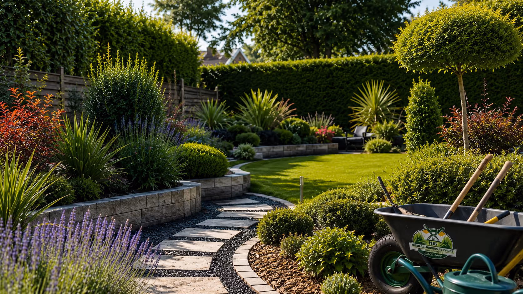 Jardin paysager entretenu : massifs taillés, chemin dallé bordé de lavande et pelouse tondue, une brouette d’outils au premier plan